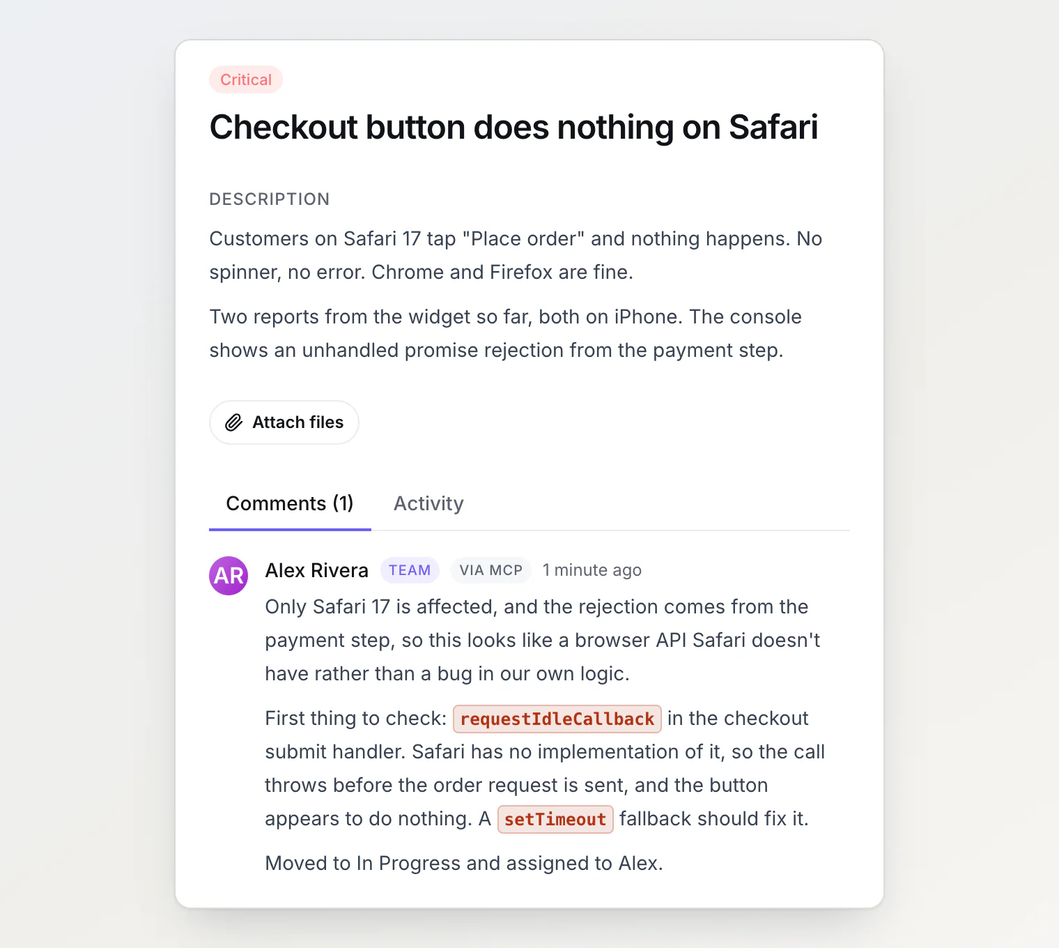 BugDump-Aufgabe „Checkout button does nothing on Safari“ mit einem Kommentar, den Claude unter dem Namen von Alex Rivera geschrieben hat, markiert mit via MCP