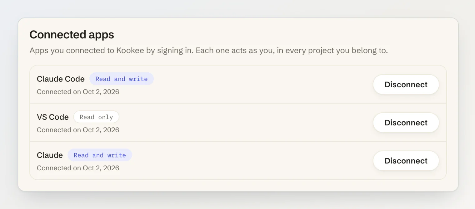 Connected apps under Settings → Security: Claude Code and Claude with Read and write, VS Code with Read only, each with a Disconnect button