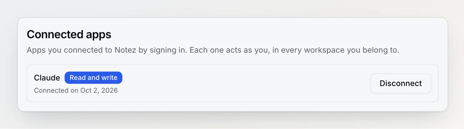 Connected apps in Notez security settings: Claude with Read and write access, connected on Oct 2, 2026, and a Disconnect button
