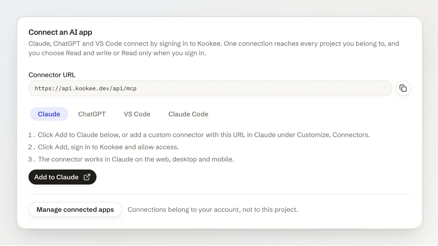 Connect an AI app card on the MCP server page: the connector URL with a copy button, tabs for Claude, ChatGPT, VS Code and Claude Code, three steps and an Add to Claude button