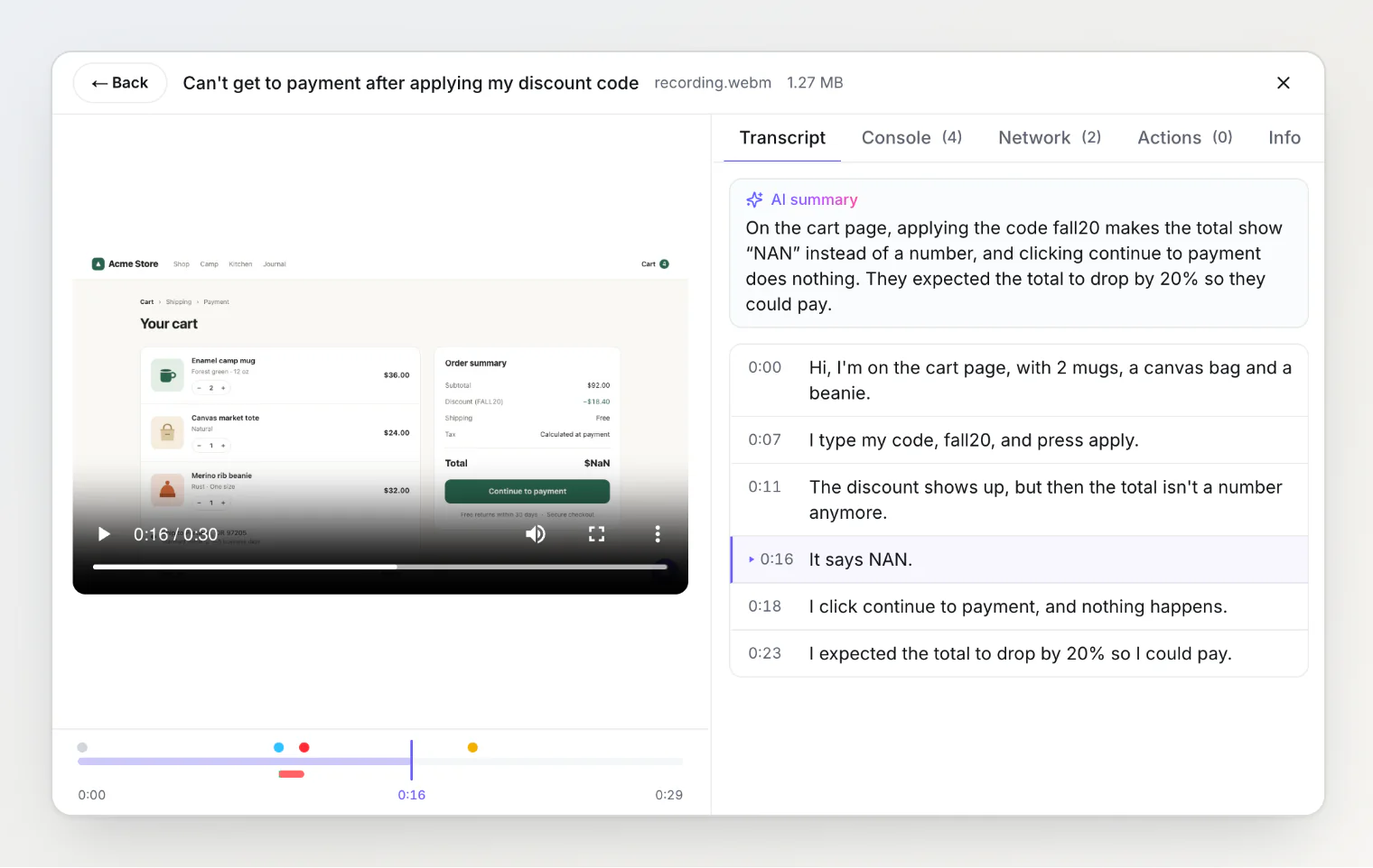 The BugDump player: the recording paused on a $NaN total, and the Transcript tab with the AI summary and timed lines, one highlighted