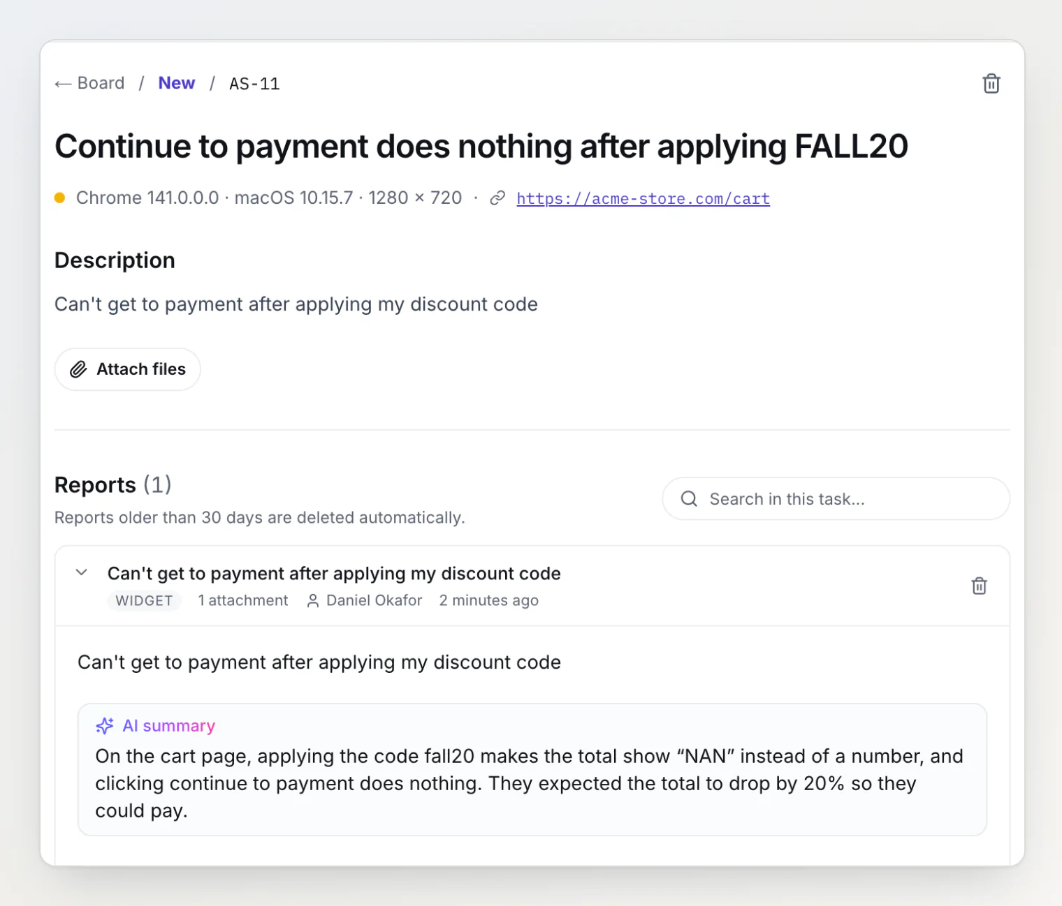 A BugDump task with the reporter's description and, under it, an AI summary of what they said in their screen recording