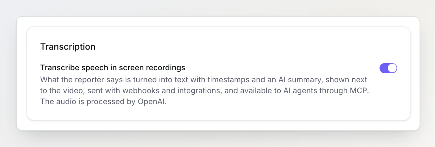 Project settings: the Transcription section with the switch Transcribe speech in screen recordings turned on