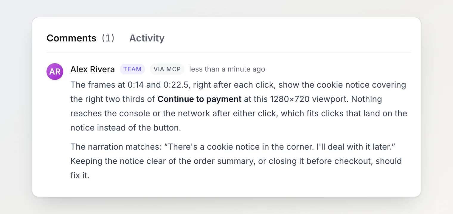 A comment by Alex Rivera via MCP: the frames at 0:14 and 0:22.5 show the cookie notice covering Continue to payment, and nothing reaches the console or network after either click