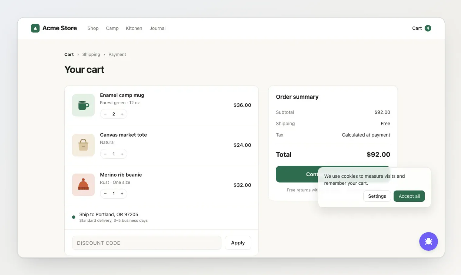 The frame get_recording_frames returned at 0:14: the cart page, with a cookie notice covering most of the Continue to payment button