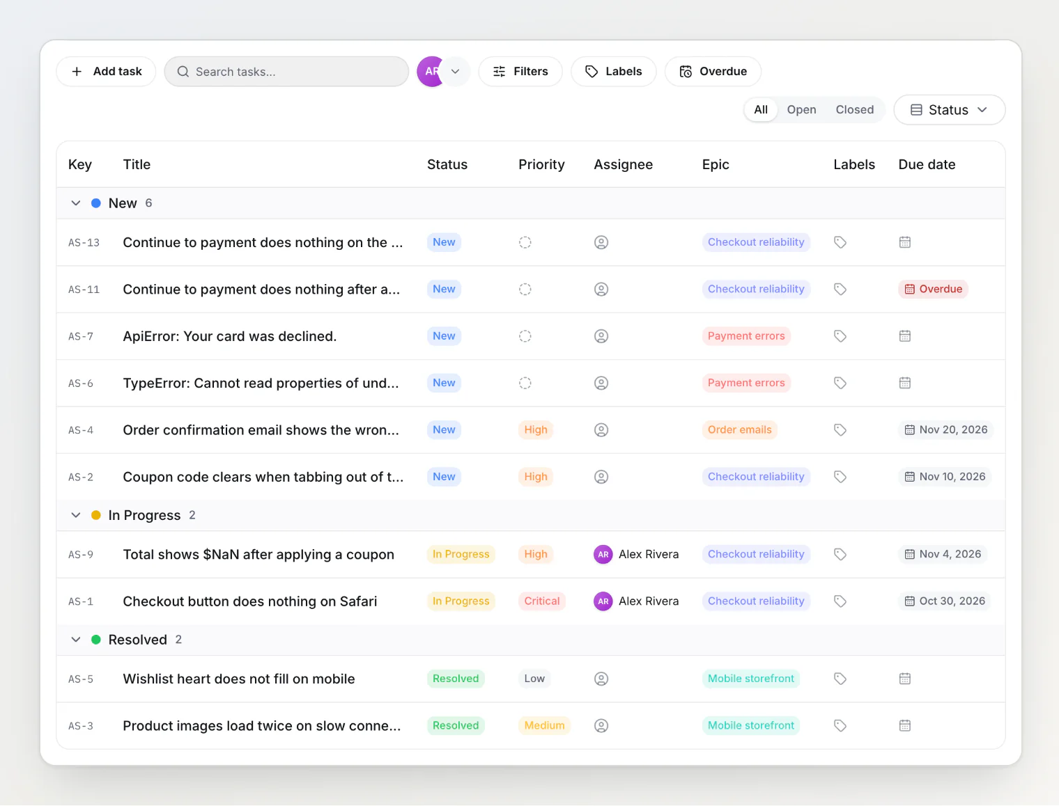 The list view grouped by status: New, In Progress and Resolved sections with priority, assignee, epic and due date columns
