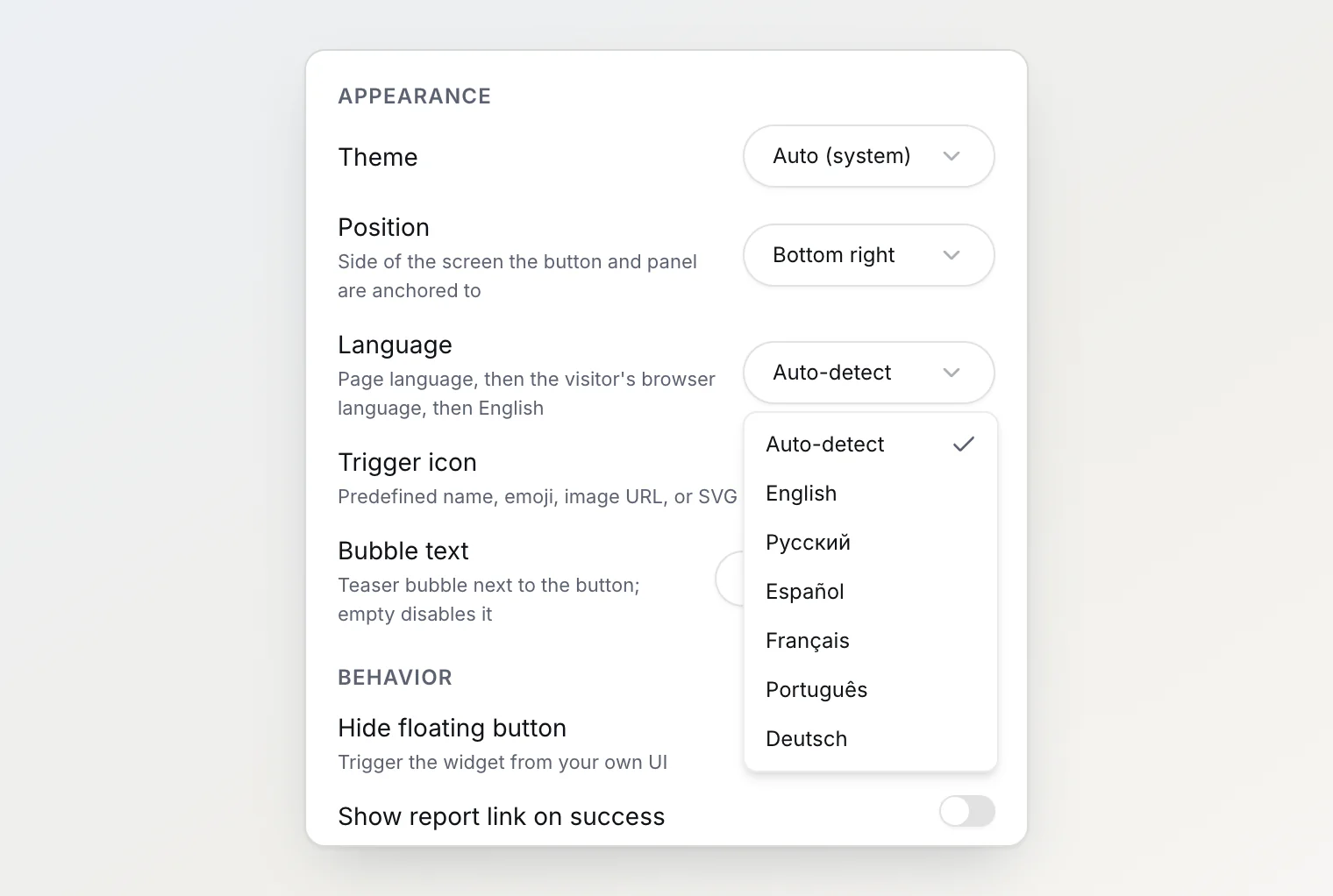Die Einstellung „Sprache“ auf der Widget-Seite von BugDump, aufgeklappt mit Automatisch erkennen, English, Русский, Español, Français, Português und Deutsch