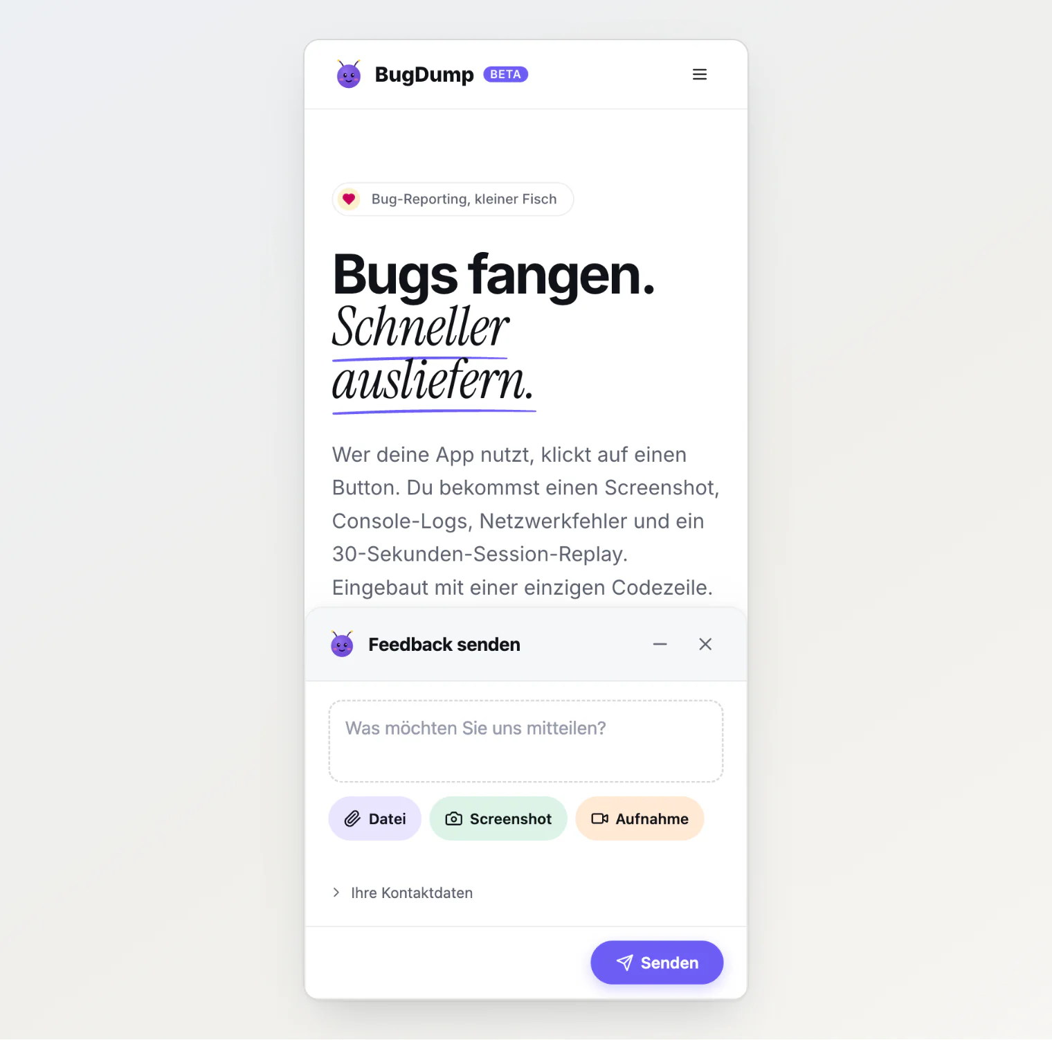 The BugDump widget in German on a phone, open as a sheet across the bottom of the screen: Feedback senden, Datei, Screenshot, Aufnahme