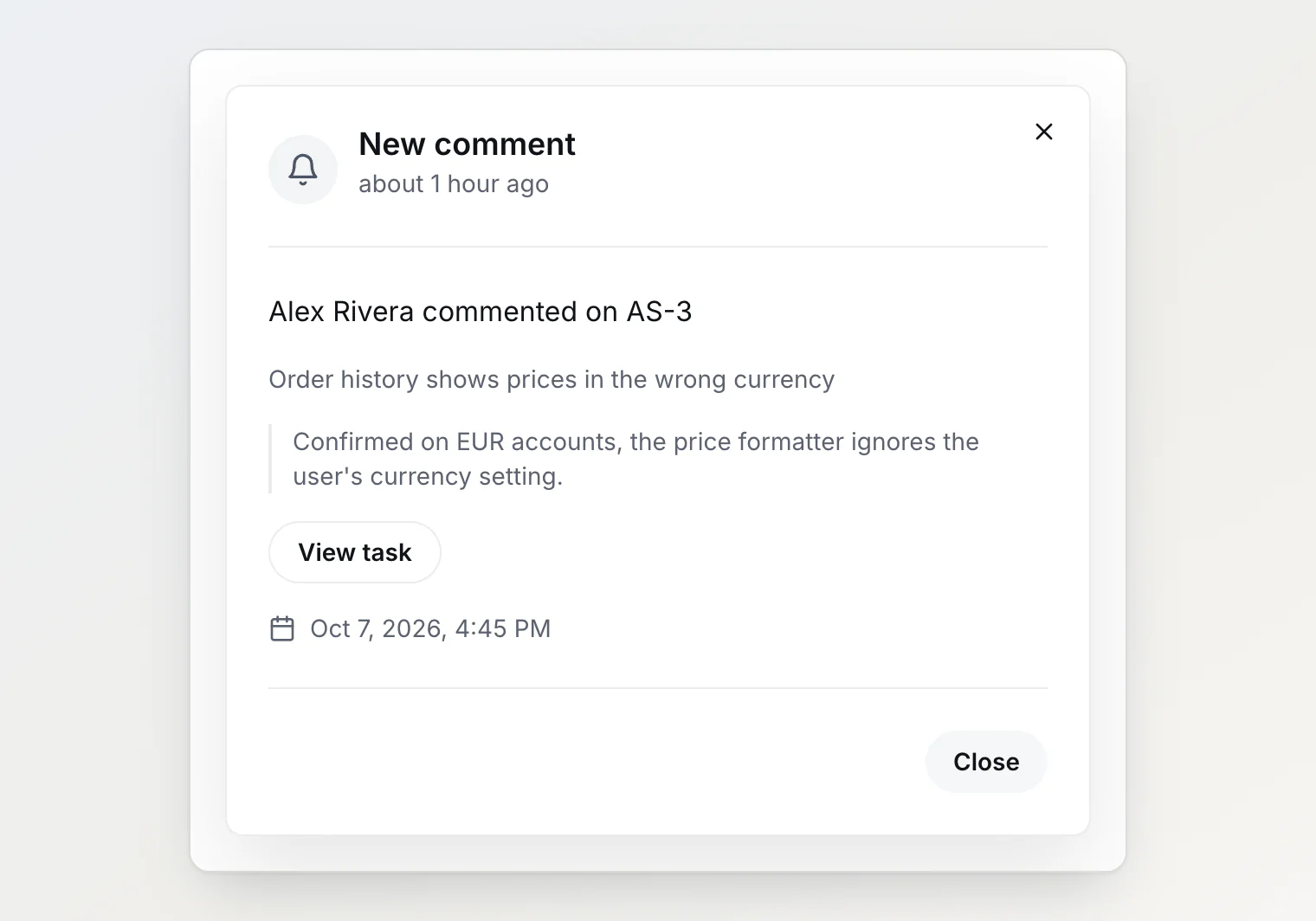 Une notification Nouveau commentaire, Alex Rivera a commenté AS-3, avec le titre de la tâche, le début du commentaire cité et un bouton Voir la tâche