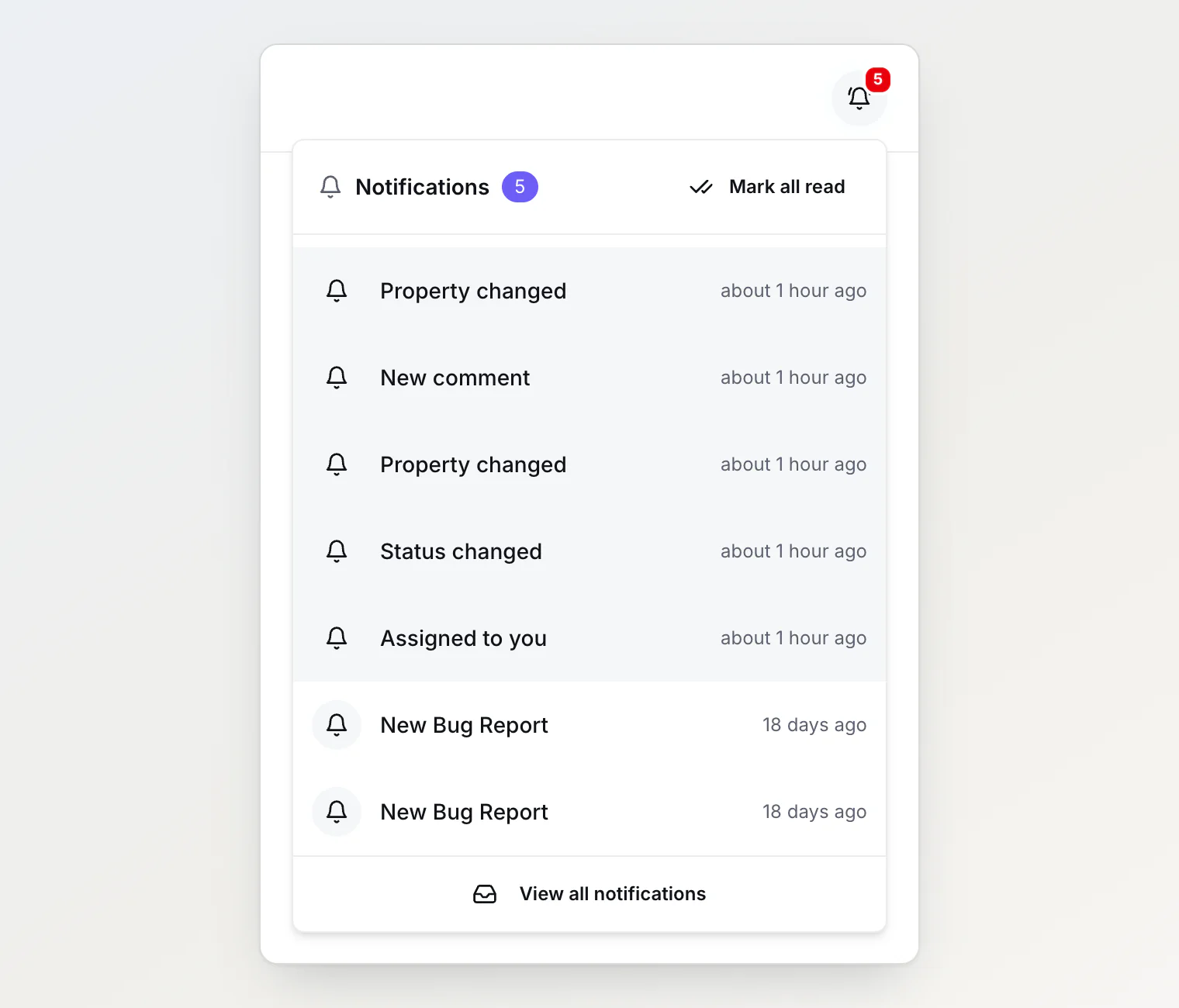 La cloche des notifications ouverte avec cinq notifications de tâches non lues, Propriété modifiée, Nouveau commentaire, Propriété modifiée, Statut modifié et Une tâche vous a été assignée