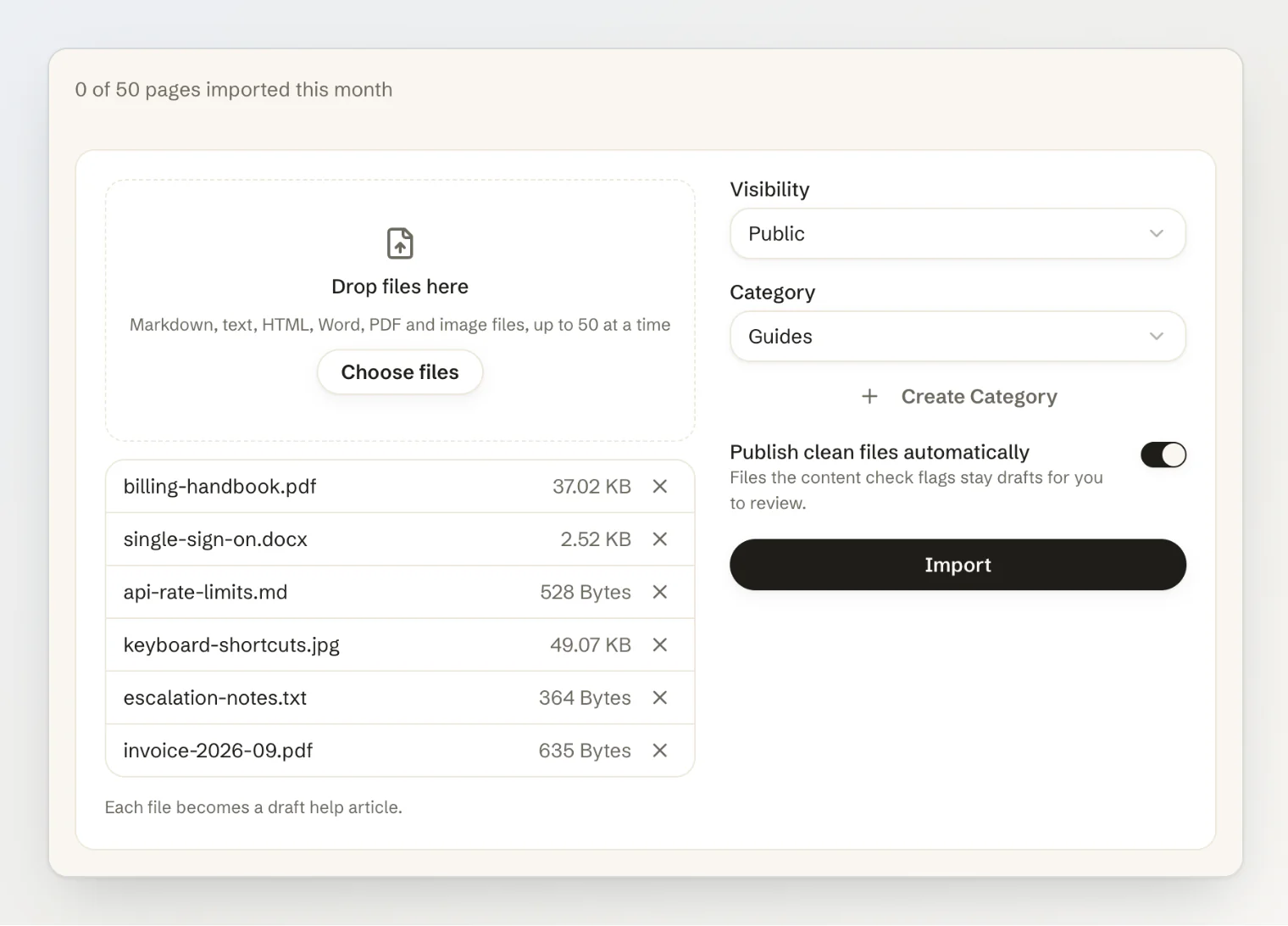 The Import files tab: six files selected, visibility Public, category Guides, and Publish clean files automatically turned on