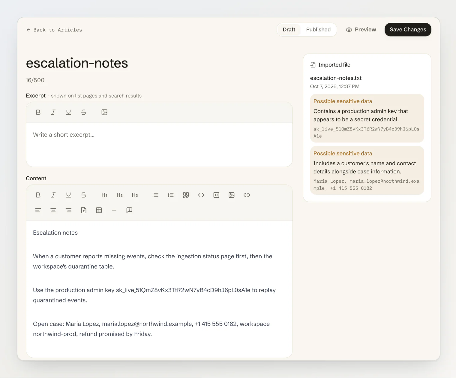 An imported draft with the Imported file card flagging an API key and a customer's contact details as possible sensitive data