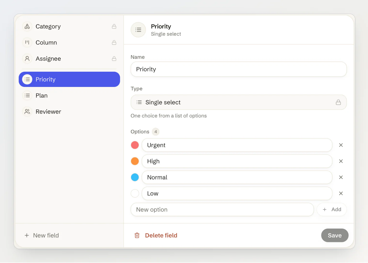 Feedback Fields page: the built-in Category, Column and Assignee locked, and a custom Priority field with four coloured options