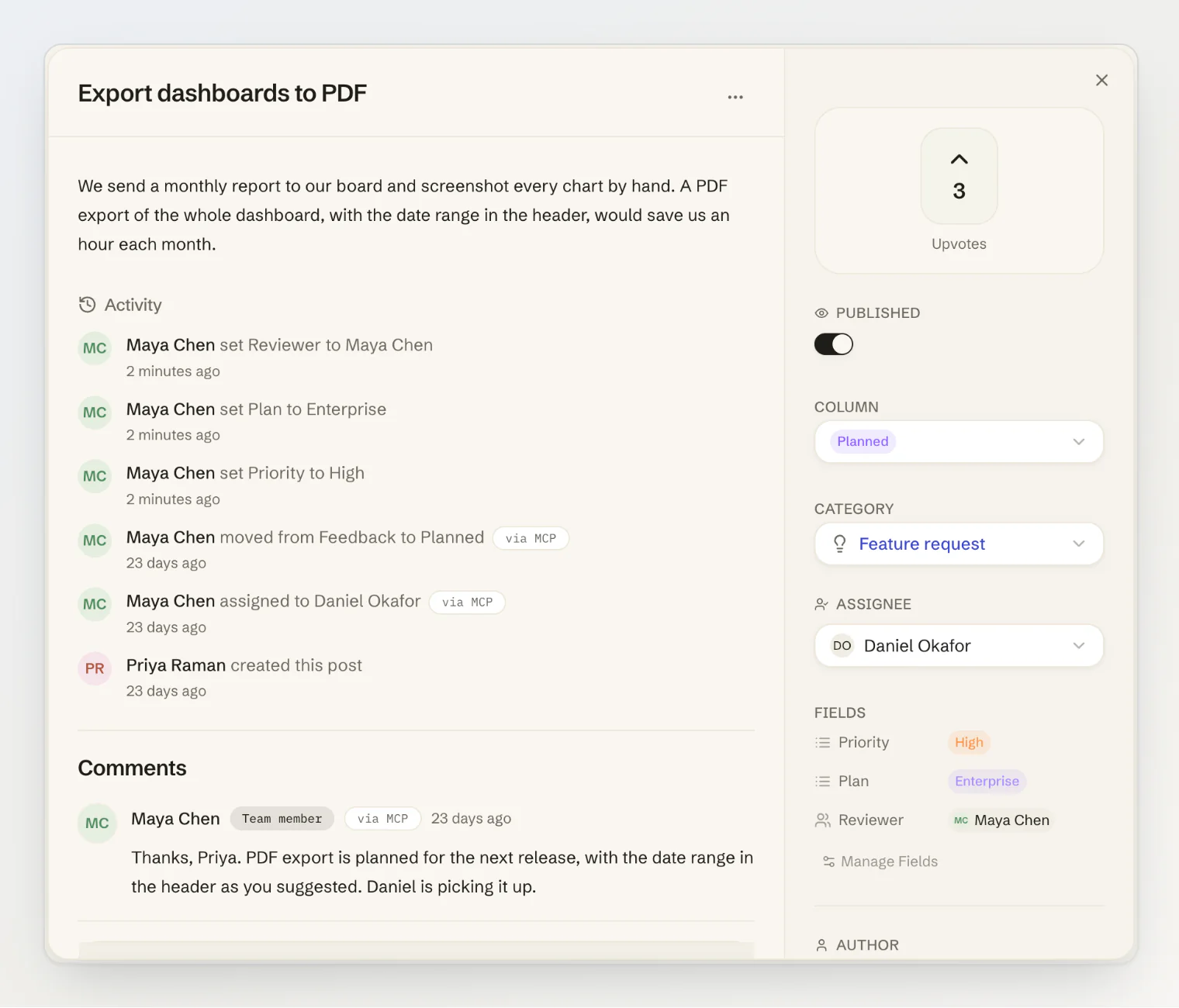 A feedback post with Priority, Plan and Reviewer filled in under Fields, and each change recorded in its activity