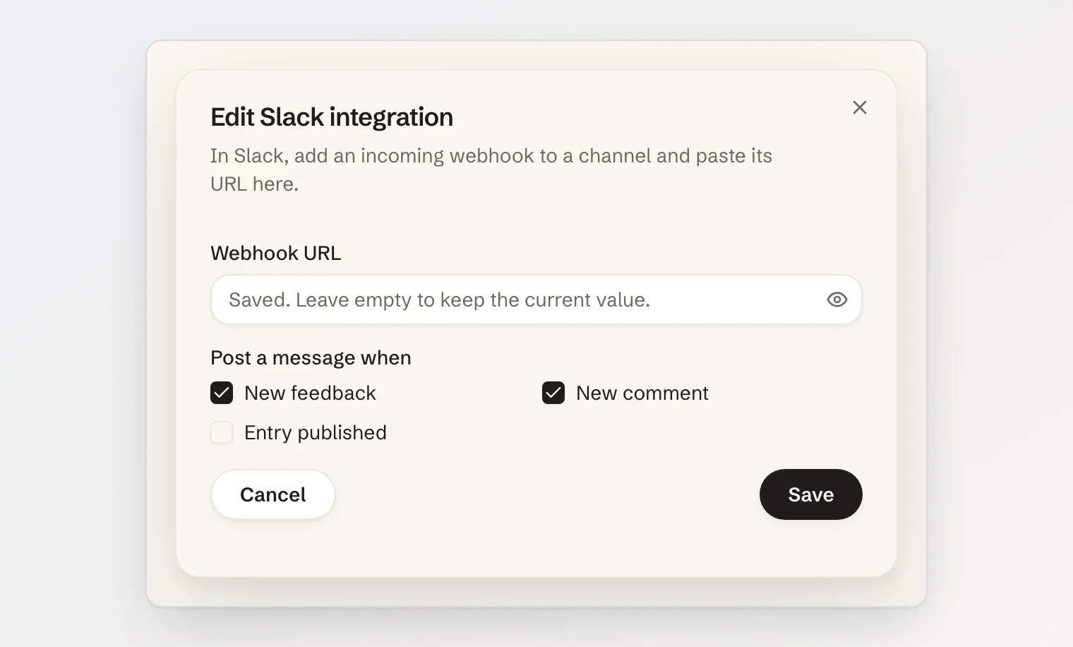 Edit Slack integration: the saved webhook URL is hidden, and messages are posted for new feedback and new comments
