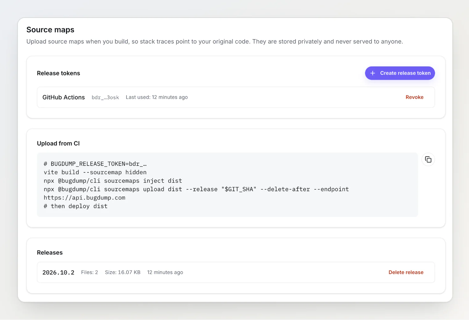 The Source maps page: a GitHub Actions release token, the commands that upload maps from CI, and release 2026.10.2 with its uploaded maps