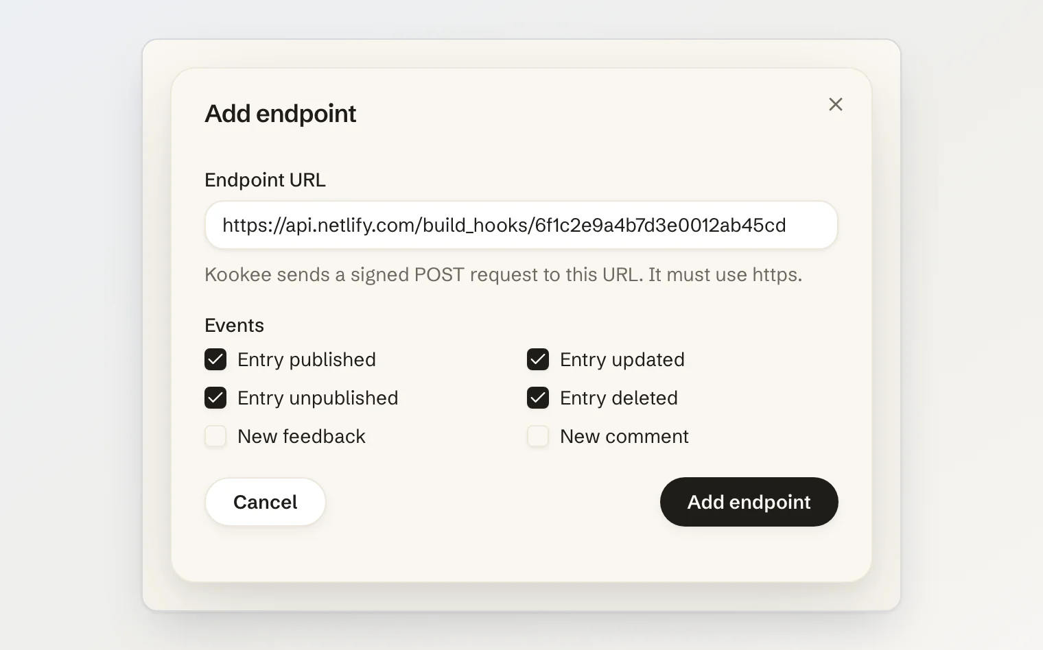 Add endpoint: a Netlify build hook URL with Entry published, updated, unpublished and deleted selected