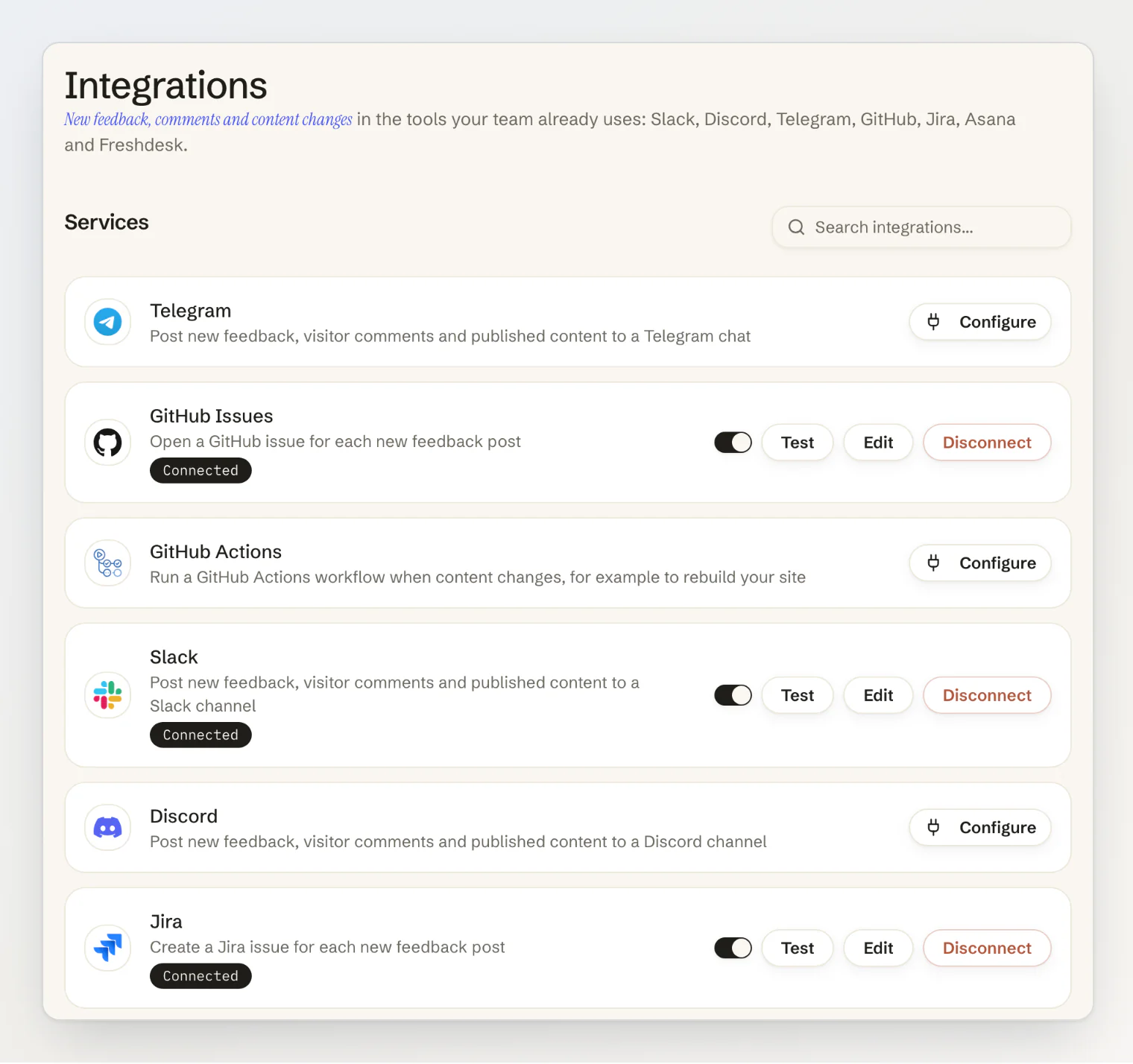 The Integrations page with GitHub Issues, Slack and Jira connected, and Telegram, GitHub Actions and Discord ready to configure