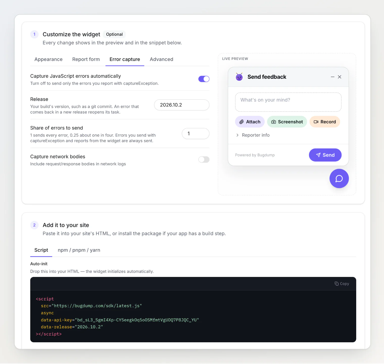 The Error capture tab on the Widget page: automatic capture on, release 2026.10.2, the share of errors to send, and the script tag with data-release