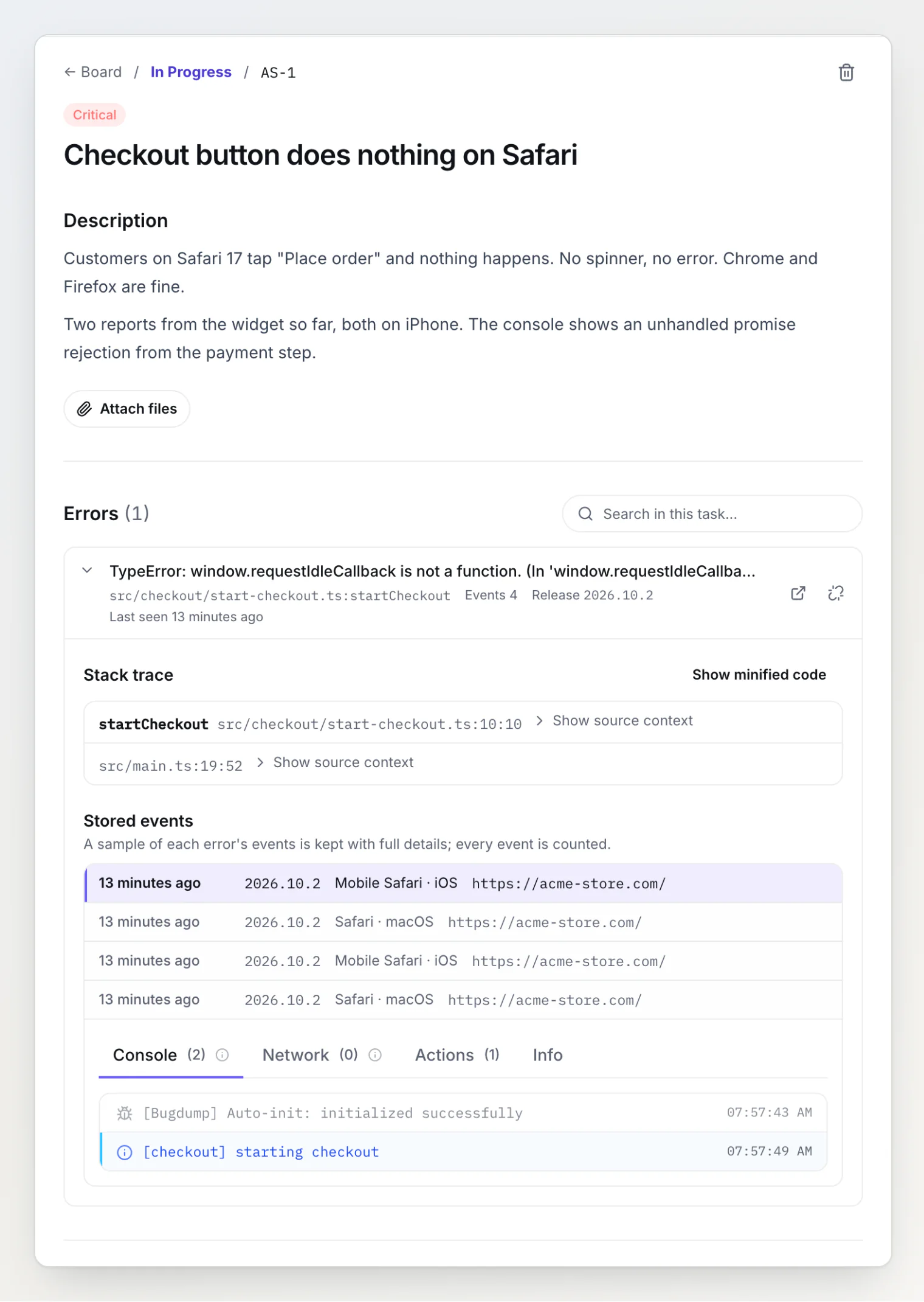Задача AS-1 «Checkout button does nothing on Safari» с привязанной ошибкой window.requestIdleCallback is not a function, замеченной четыре раза в Safari и Mobile Safari